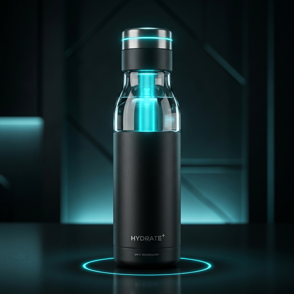 AuraBottle UV-C Smart Water Bottle with glowing cyan indicators