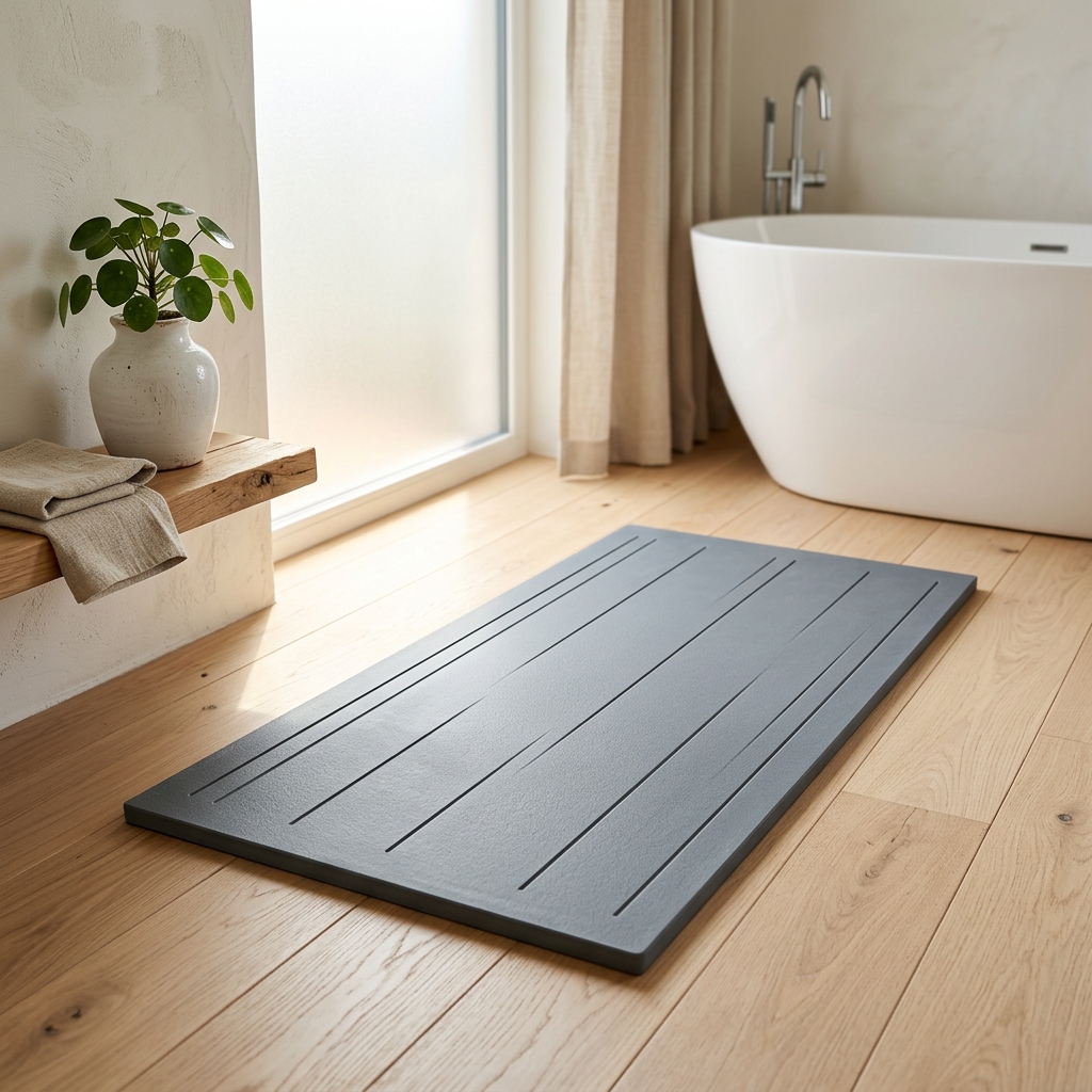 AuraStone Diatomite Bath Mat showing a premium minimalist Japandi design