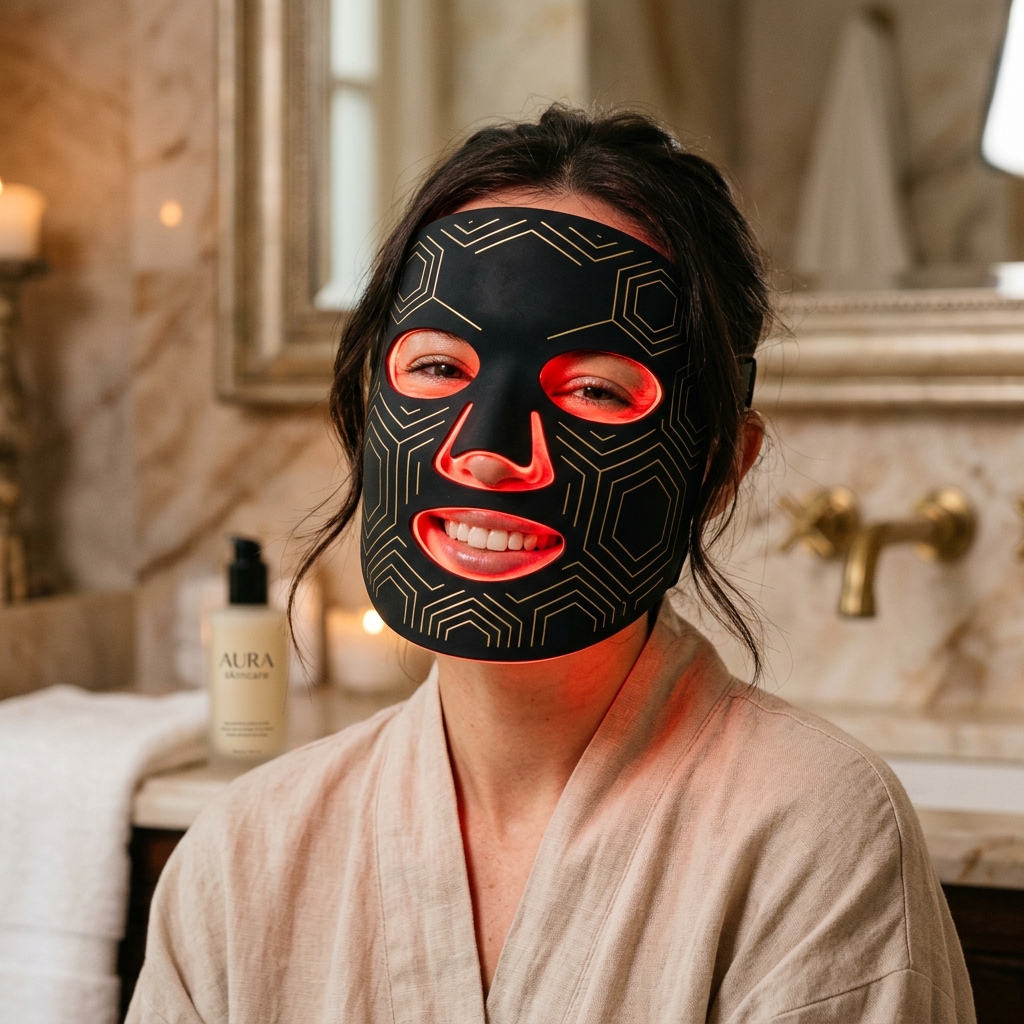 Happy woman wearing the GoLumina LED mask glowing red