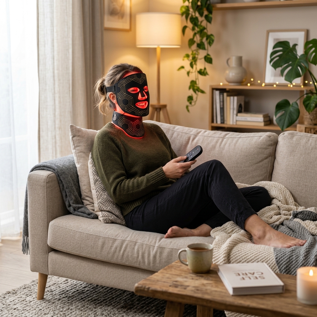 Relaxed woman on sofa using the GoLumina mask