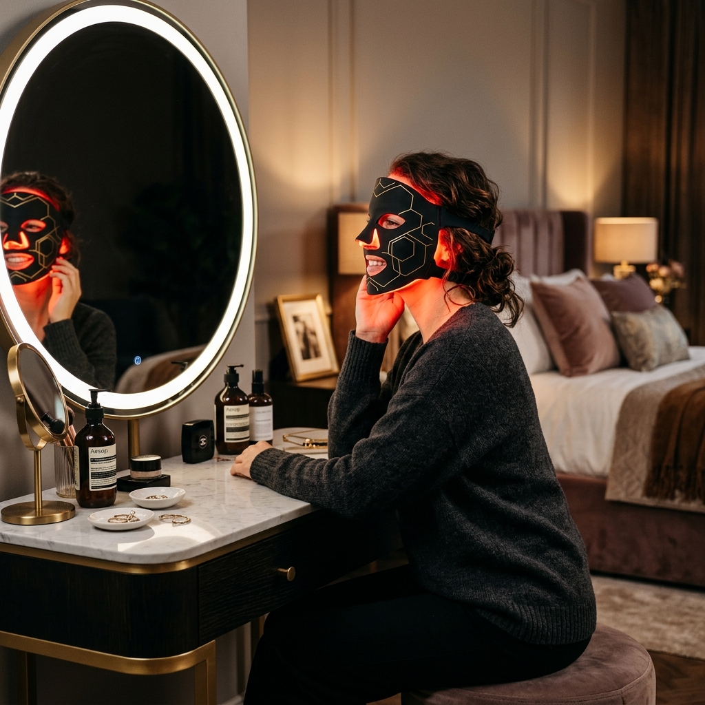 Woman checking her skin in the mirror while wearing the mask