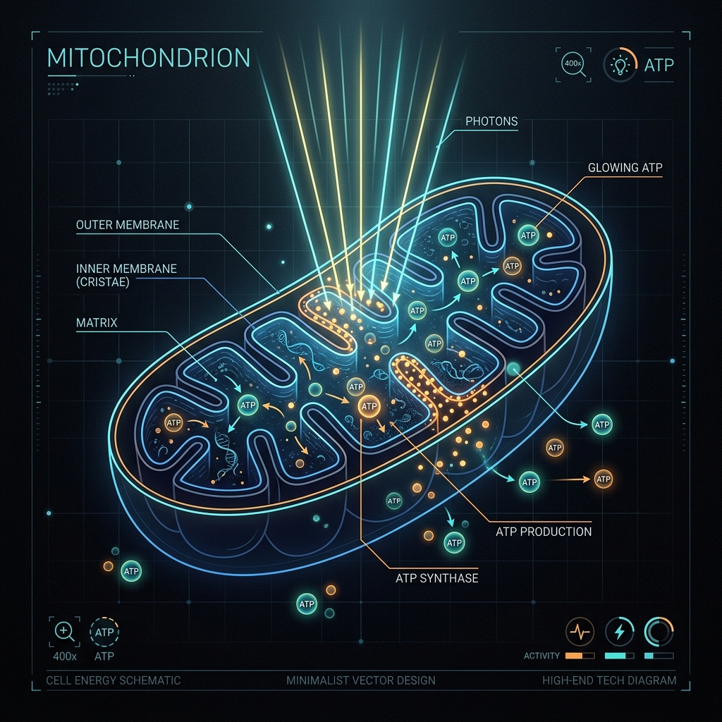 Mitochondria ATP synthesis diagram under light therapy