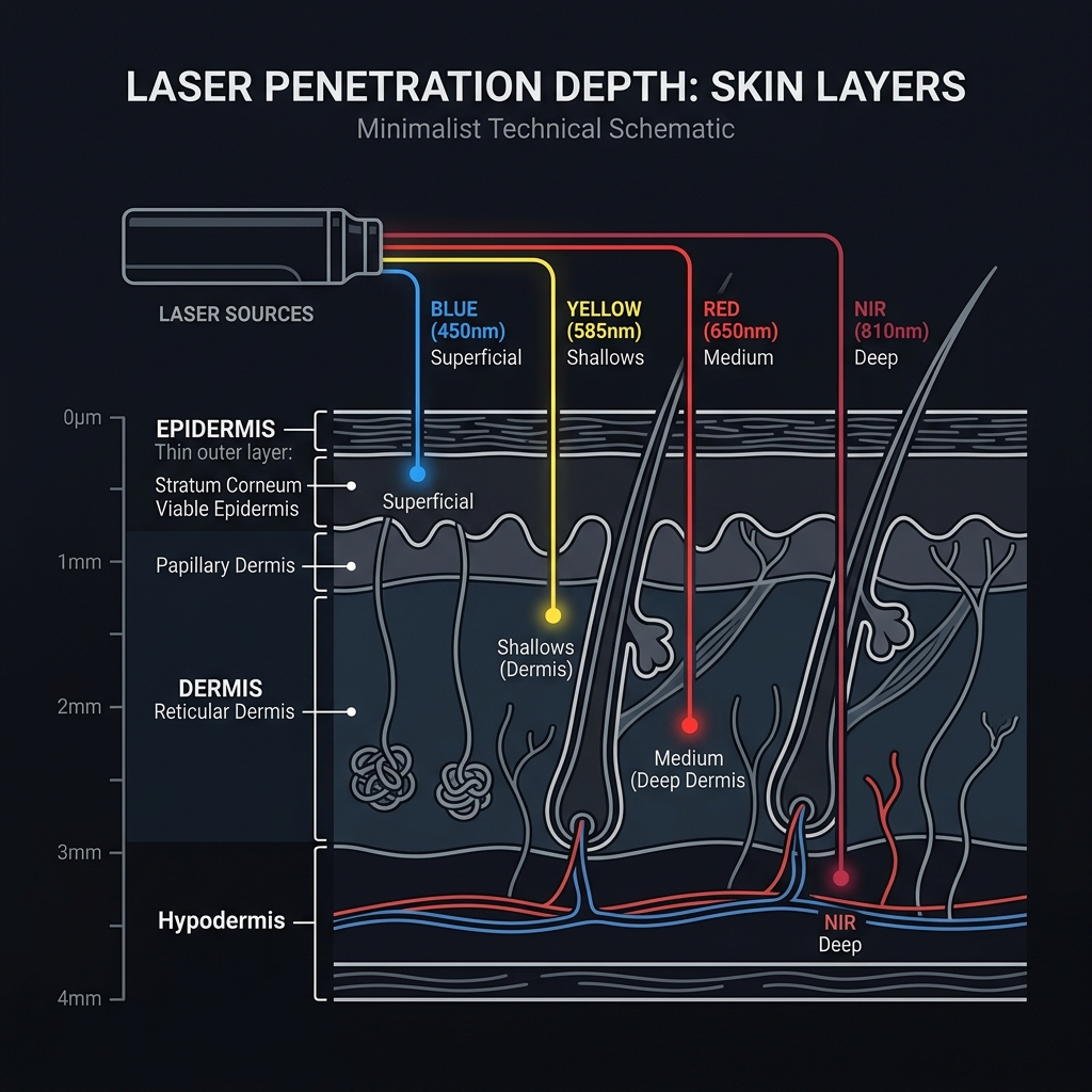 Light wavelength skin penetration depth diagram